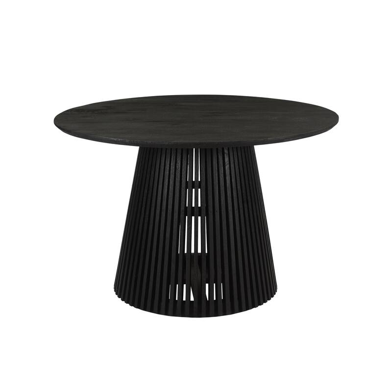 Ridge 47 Inch Handcrafted Mango Wood Round Dining Table, Slatted Flared Base, Black