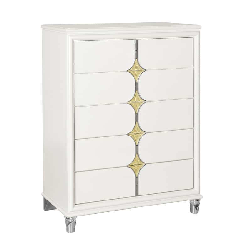 HomeRoots 37" White Wood With Gold Faux Crystal Bling Wood Five Drawer Dresser