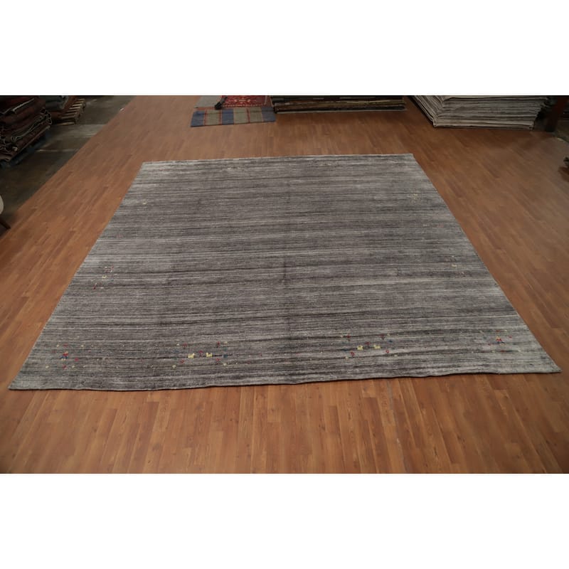 Hand Knotted Oriental Viscose Silk Carpet Tribal Animal Pictorial Greys & Charcoal Gabbeh Area Rug - 11' 8'' X 11' 9''