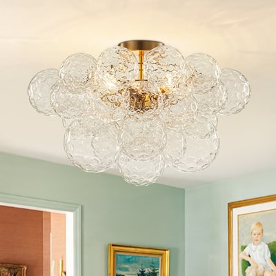 Mid-Century Water Hammered Glass Globe Cluster Bubble Semi Flush Mount
