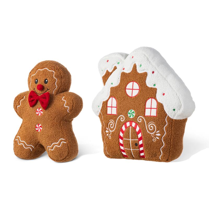 Glitzhome Set of 2 Christmas Gingerbread Man and House Shaped Throw Pillows