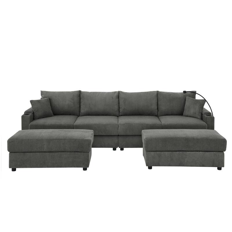 Living Room U-shaped Sectional Sofa with Chaise Lounge, Corduroy 4 Seater Couch with 2 Ottomans, Phone Stand and Cup Holders