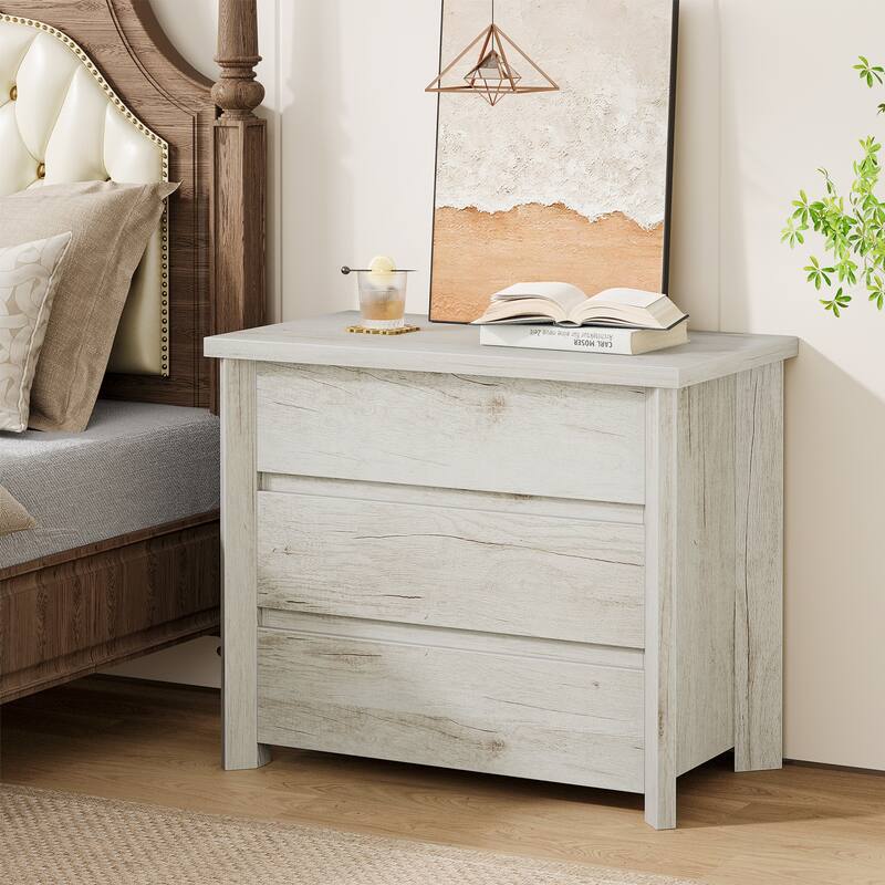 Three Drawer Nightstand, Large Farmhouse Night Stand with Storage - White