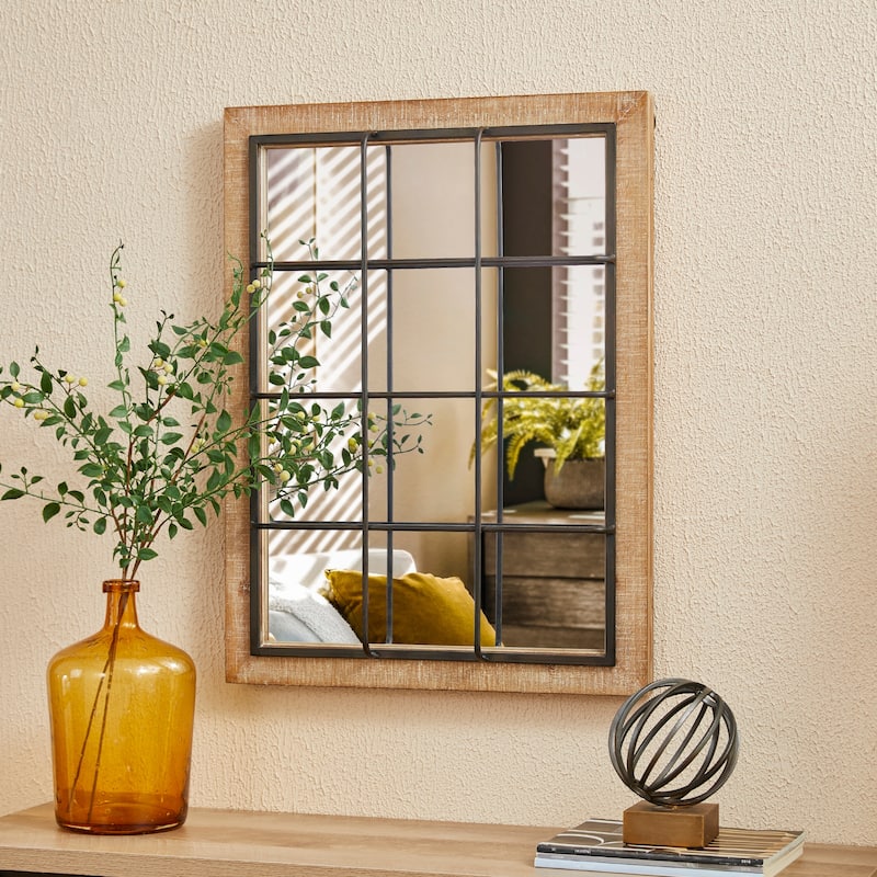 Glitzhome Set of 2 Farmhouse Wooden/Metal Windowpane Wall Mirrors Home Accents - 23.5"L x 31.5"H