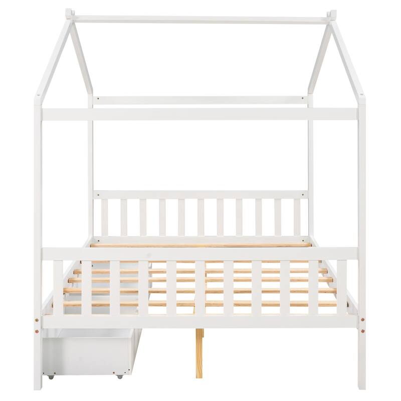 Full Size House Platform Bed with Storage Drawers, Roof, Headboard and Footboard