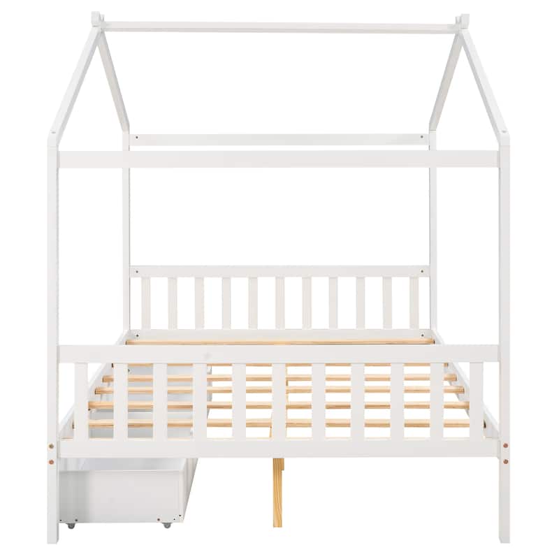 House Platform Bed with 2 Drawers, Headboard and Footboard, Roof Design