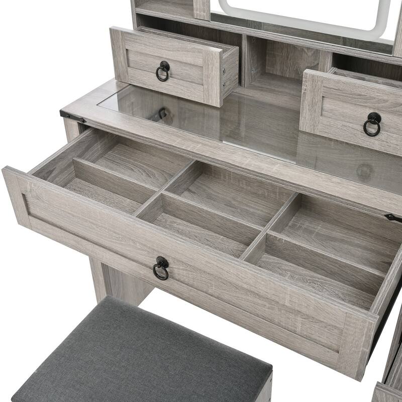 42.52" Farmhouse Dresser with Sliding LED Mirror, Glass Table Top and Stool