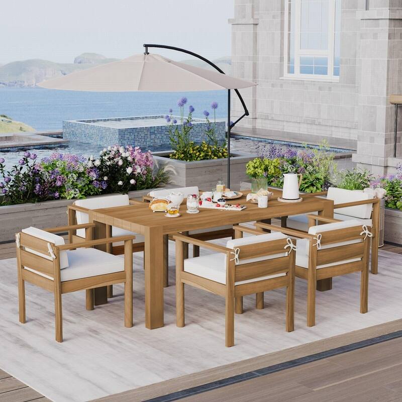 Acacia Wood 7-Piece Outdoor Dining Table Set with Chairs and Removable Cushions for Gatherings