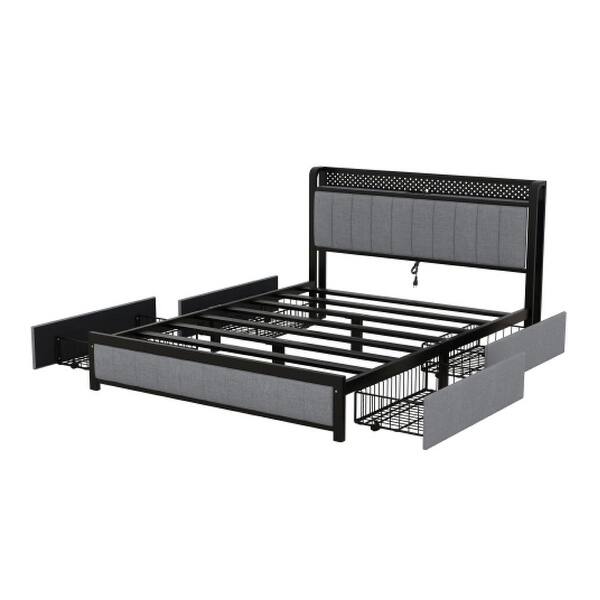 Queen Size platform bed Gray storage bed Linen headboard storage Bed