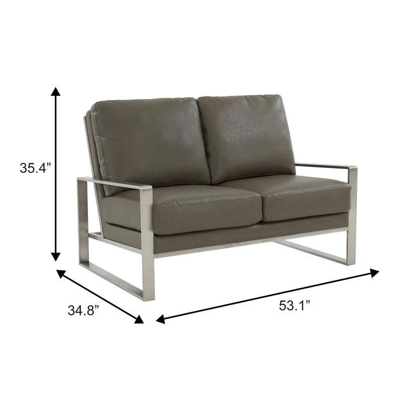 Jefferson Modern Leather Loveseat with Brushed Silver Stainless Steel Base, Removable Cushions, Sinuous Springs, Fully Assembled