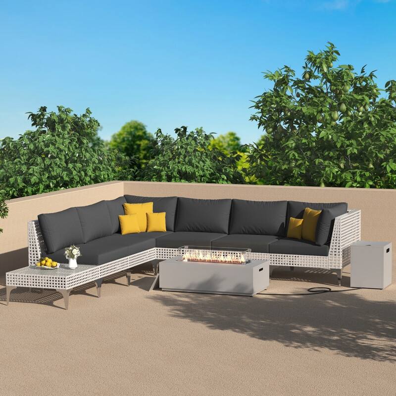 FINCATI Oversized Outdoor Furniture with Rectangular Fire Pit Table, 9-piece Luxurious High-back Patio Wicker Conversation Set - Dark Grey
