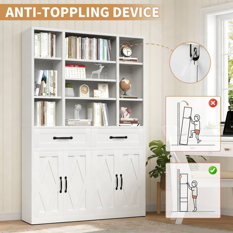 Rossetta Industrial Anti-Tip Kit Metal Bookcase with Doors and Drawers, Adjustable Open Shelves