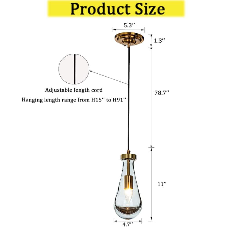 CraftHome Single 5.13" Wide Cord Hung Farmhouse Glass Pendant Rustic Kitchen Hanging Lamp With Clear Teardrop Shade