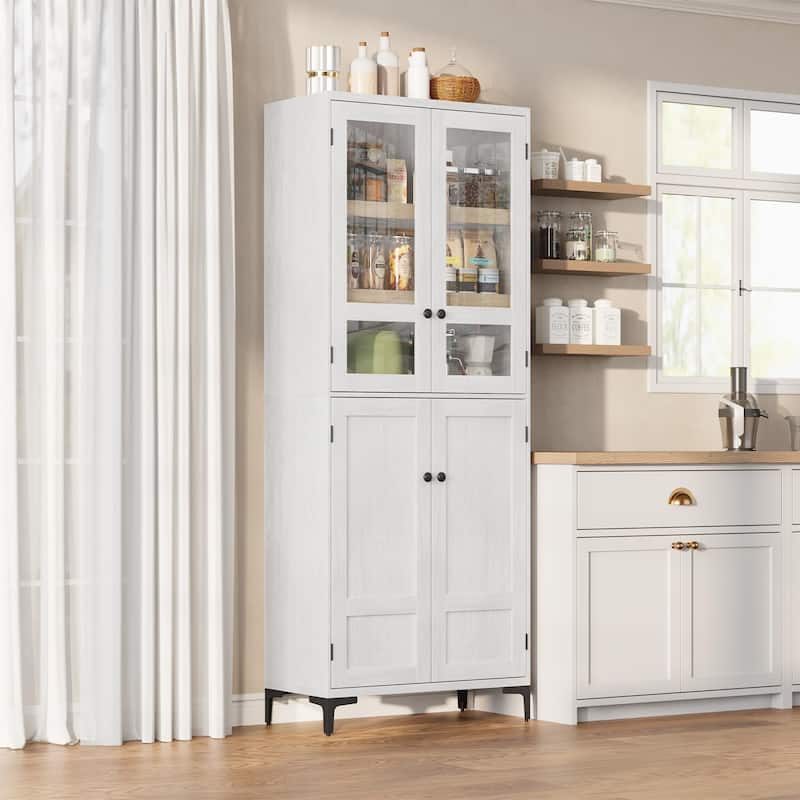 71" Tall Storage Cabinet, Kitchen Pantry Cabinet 5 Tier Bathroom Cabinet with 4 Doors Adjustable Shelves for Kitchen - Yellow - Glass Door