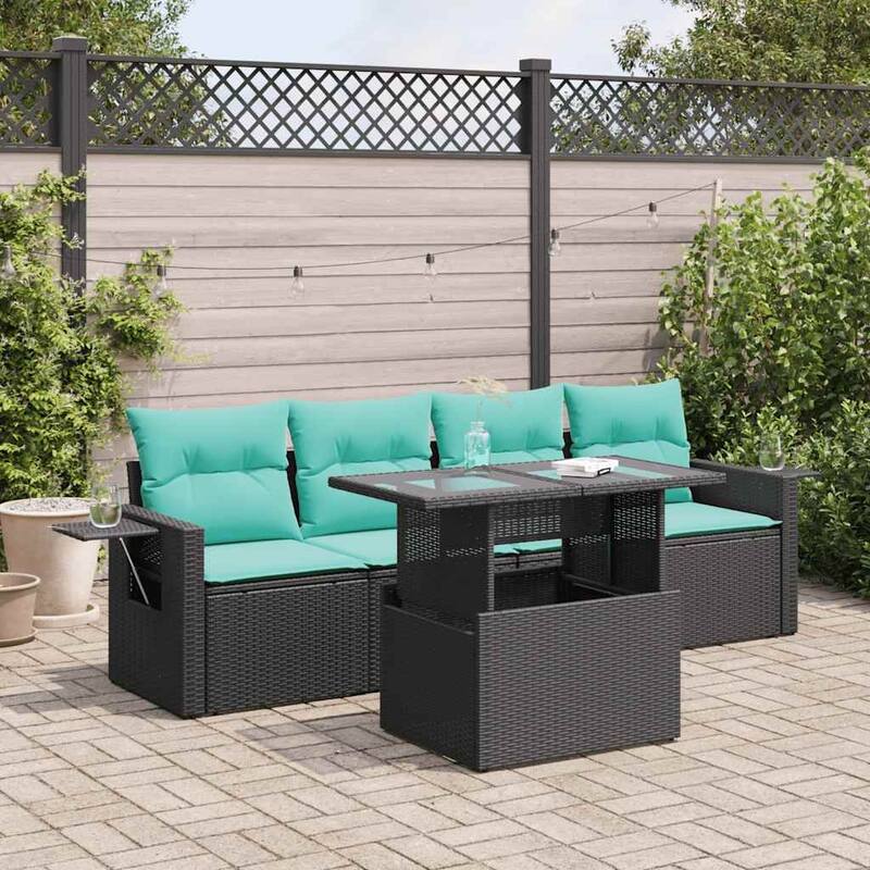 vidaXL Patio Sofa Set with Cushions Table and Couches 5 Piece Poly Rattan - 21.7 x 24.4 x 27.2 - Black with storage