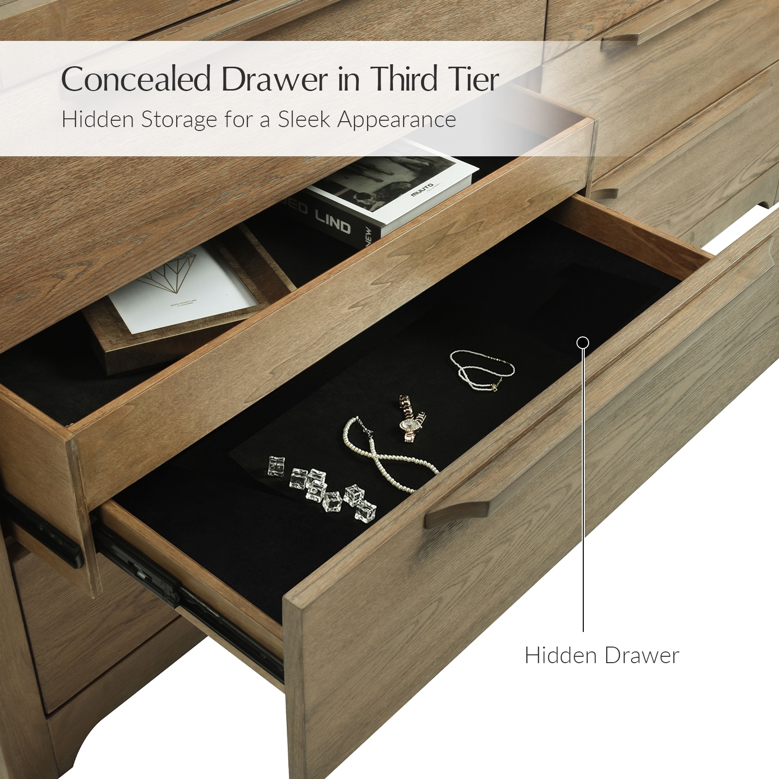 Egon 62"W Modern Velvet-lined 6-drawer Dresser with Hidden Drawer for Discreet Storage by HULALA HOME