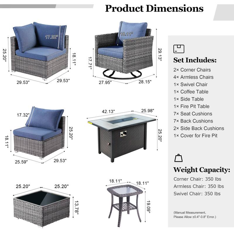 HOOOWOOO 10-piece Wicker Patio Furniture Sectional Sofa Set Swivel Rocker with Fire Pit Table