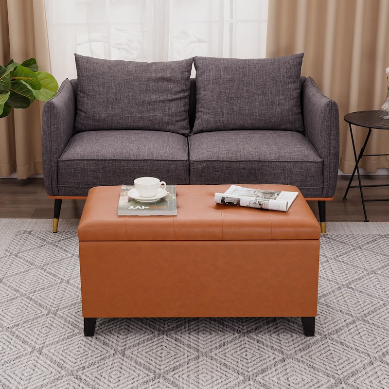 Adeco Rectangular Storage Ottoman Faux Leather Bench Lift-top Footrest