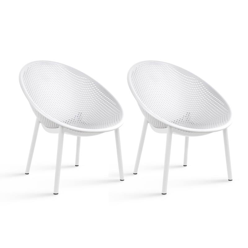 Set of 2 Modern Plastic Lounge Chair Plastic Legs with Polka Dots Spot Breathable for Patio Indoor Outdoor Use - White