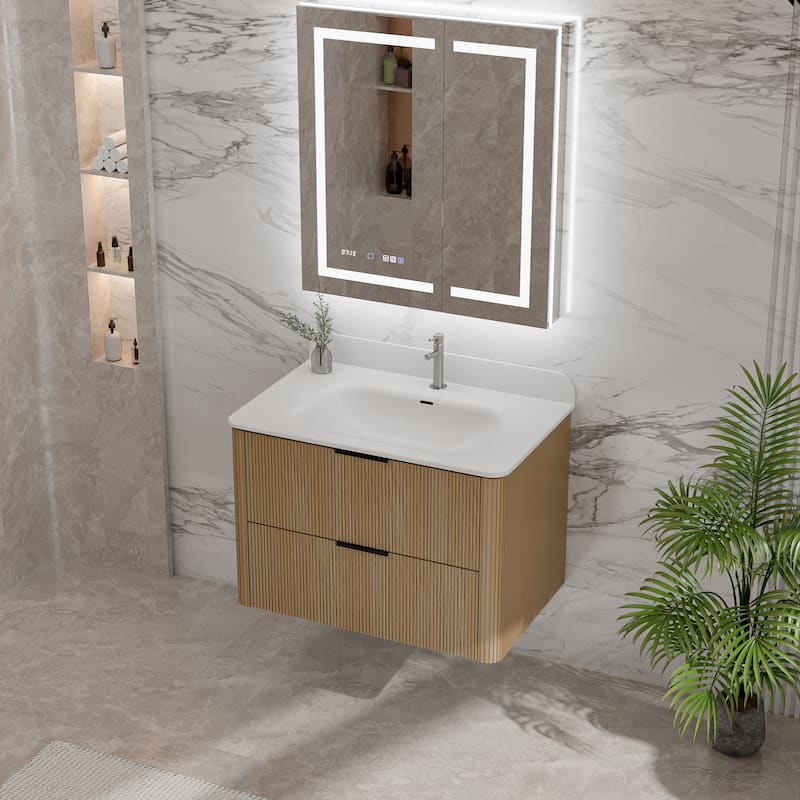 Modland Fluted Floating Vanity with Sink, Plywood Wall Mount Cabinet, Curved Edge, 24/30/36 Inch