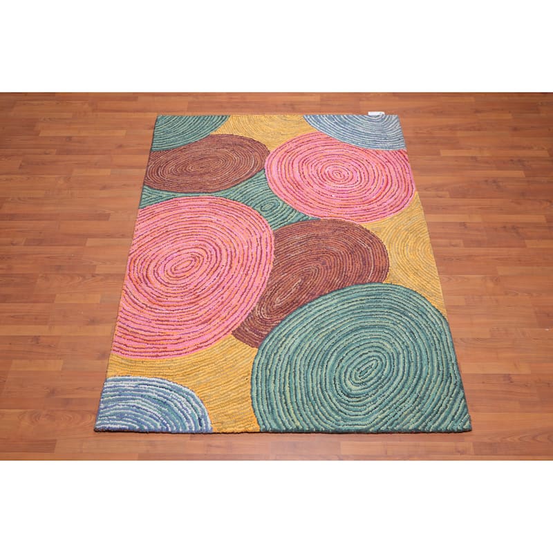 5'4x7'6 Hand Tufted Cotton Circle Medley Multi Color Cotton Area Rug Oriental Area Rug Pink, Gold Color - 5'4" x 7'6"
