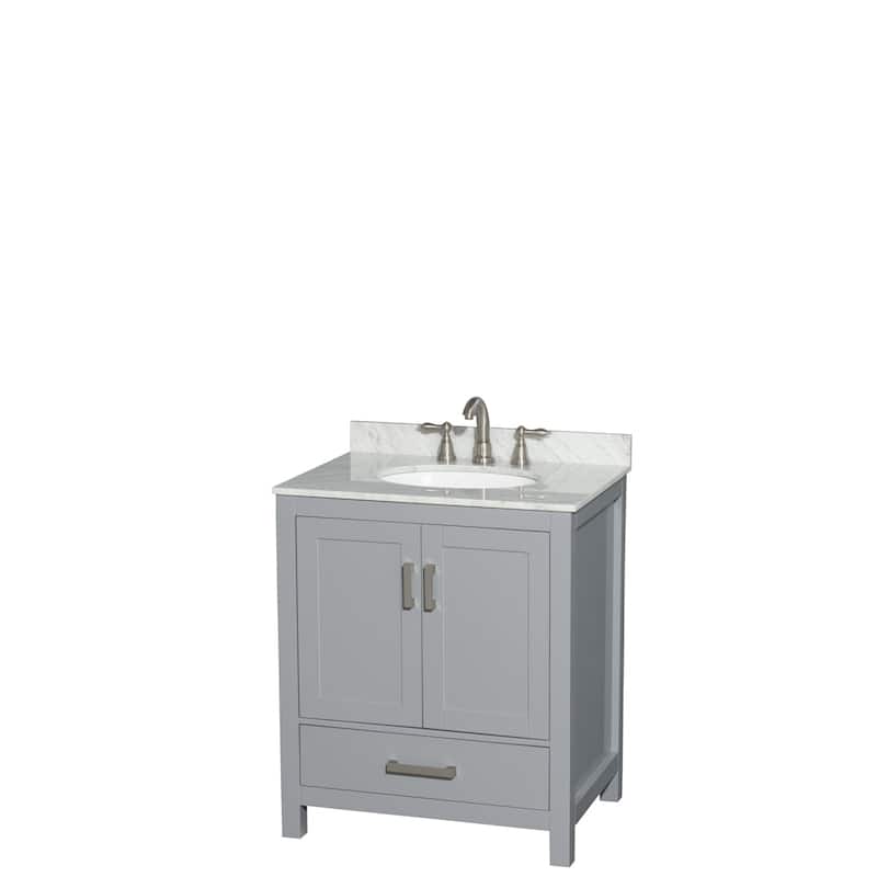 Wyndham Collection Sheffield Single Vanity Set - 30-Inch Single - Gray, White Carrara Marble Top, Chrome Trim