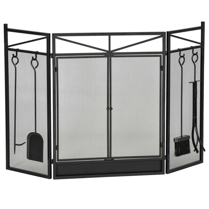 3-Panel Folding Fireplace Screen with Magnetic Doors and Fire Place Tools Set, Shovel, Poker, and Firewood Tongs, Black