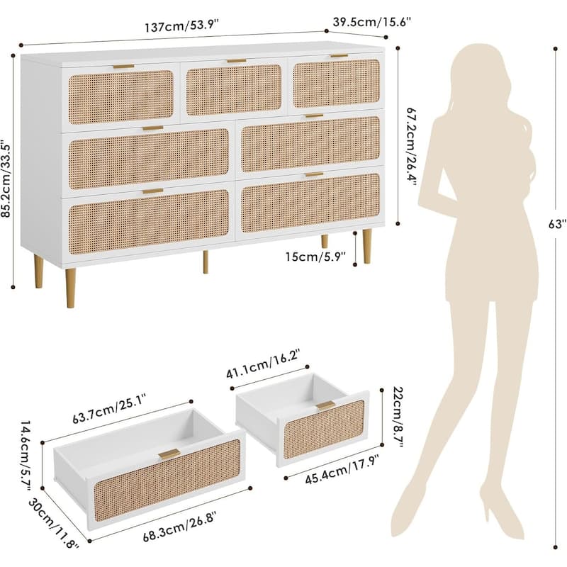 Rattan 7 Drawer Dressers TV Stand for Bedroom Living Room
