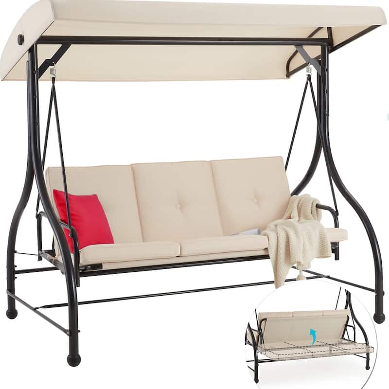AECOJOY 3-Seat Outdoor Porch Swing w/ Canopy Outdoor Swing Bed