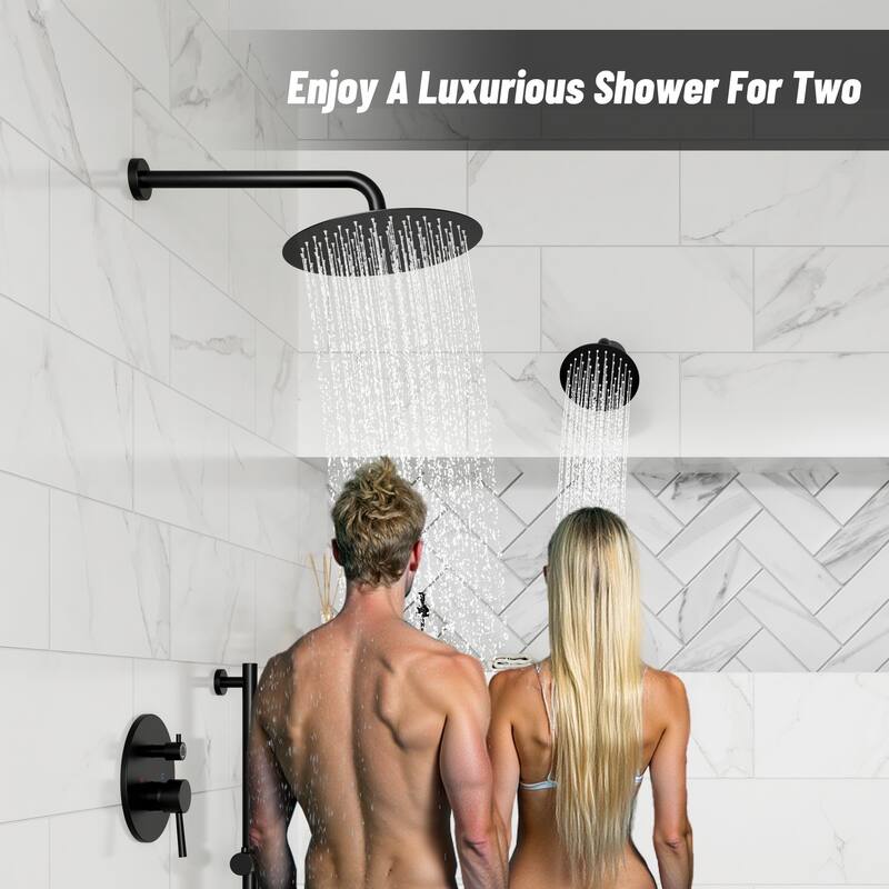 3-Spray Round 10 and 6 in. Dual Wall Mount Fixed and Handheld Shower Head in Matte Black, Valve Included - 10" x 10"