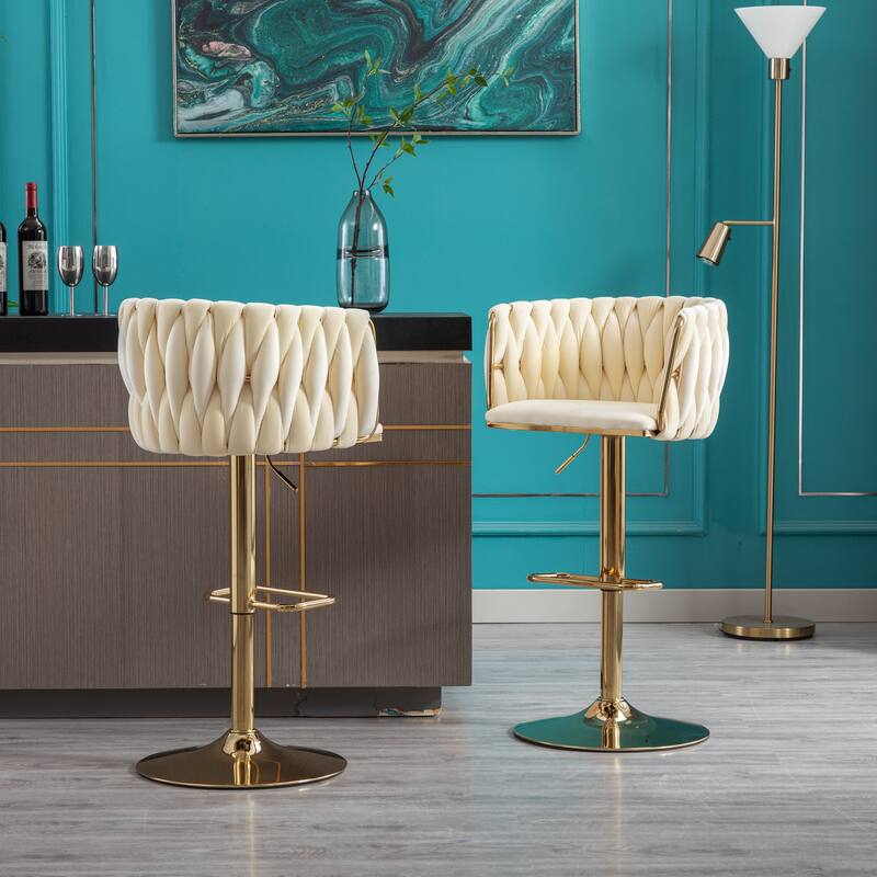 Set of 2 Adjustable Swivel Bar Stools, Ivory Velvet with Chrome Footrest & Gold Legs
