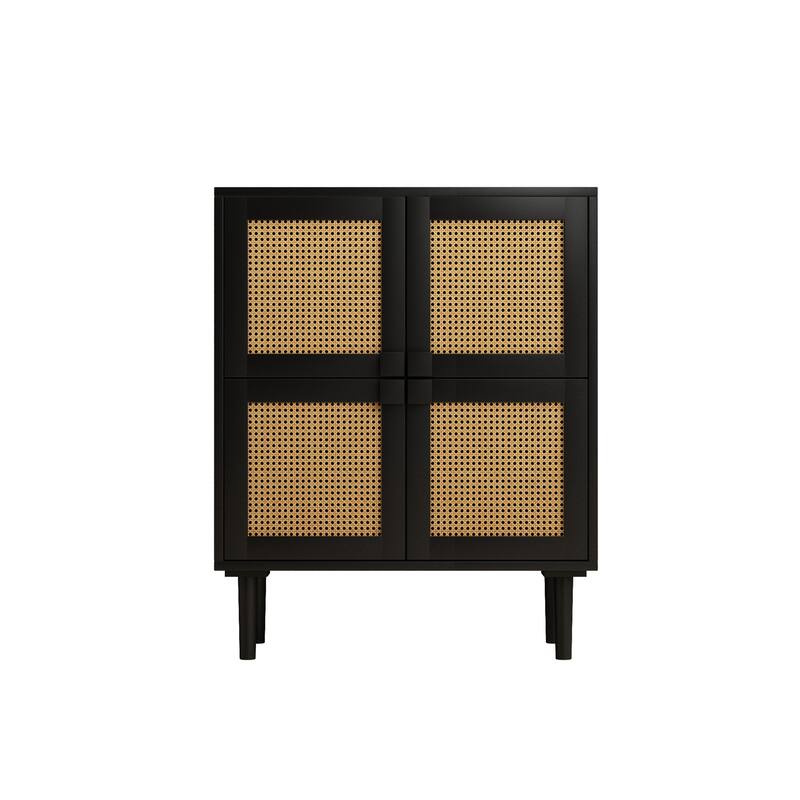 4-Doors Rattan Mesh Storage Cabinet, Sideboard with Eight Storage Spaces, (Black)