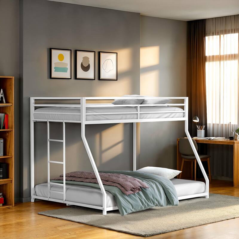 Metal Low Bunk Bed with Attached Ladder, Matte White Finish, Mattress Ready, Full Metal Construction - Matte White