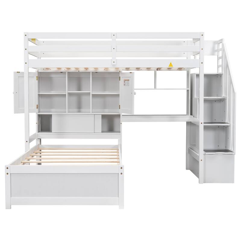 White Twin over Twin Loft Bed with Built-in Desk, Staircase & Storage