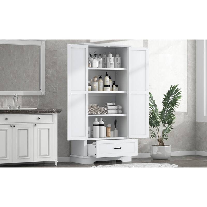 Roomfitters Tall Bathroom Storage Cabinet with 2 Doors 1 Drawer and Adjustable Shelf Painted MDF Structure, White