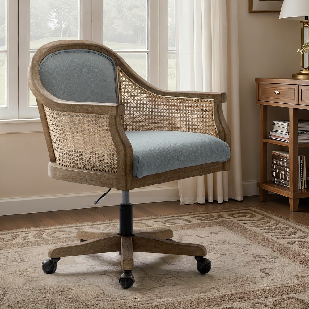 Danilo Farmhouse 360 Degree Swivel Height Adjustable Rattan Desk Chair with RubberWood by HULALA HOME