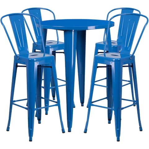 Offex Commercial 30" Round Blue Metal Bar Table Set with 4 Cafe Stools - 30"W x 30"D x 41"H