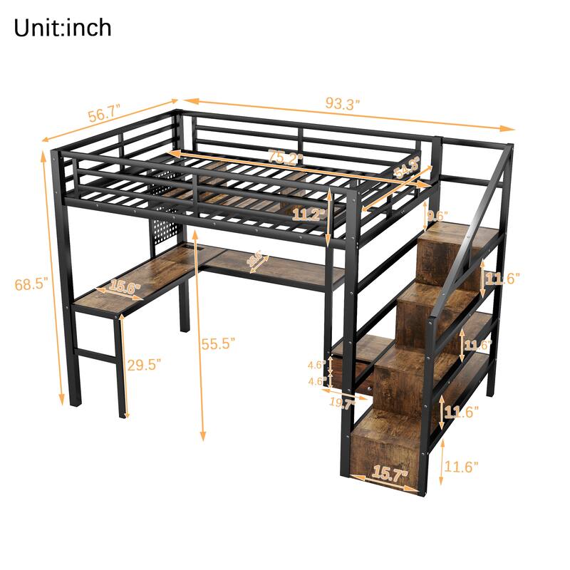 Full Size Metal Loft Bed with LED Lighting and Charging Station, Built-In Desk and Pegboard, Staircase Storage Wardrobe