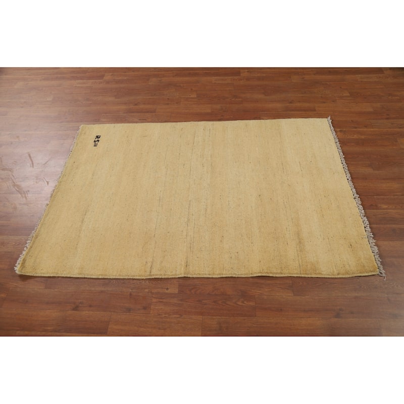 Muted Yellow Gabbeh Modern Foyer Rug Handmade Wool Carpet - 3'4"x 4'10"