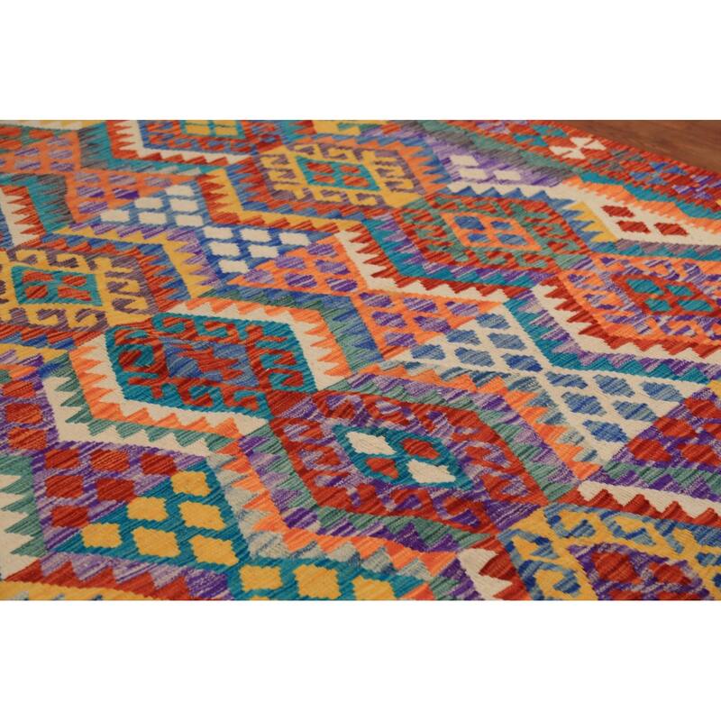 Multicolor Geometric Kilim Oriental Area Rug Hand-Woven Wool Carpet - 8'2" x 9'6"