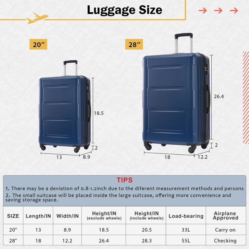 2 Piece Luggage Set with Bags Expanable Spinner Wheels ABS Lightweight Suitcase with TSA Lock 20inch+28inch