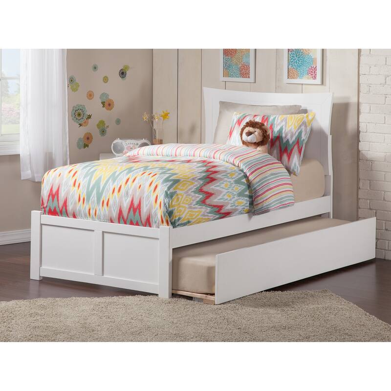 Twin Platform Bed with Trundle & USB Charger - White Finish, Curved Headboard, Extra Sleeping Space