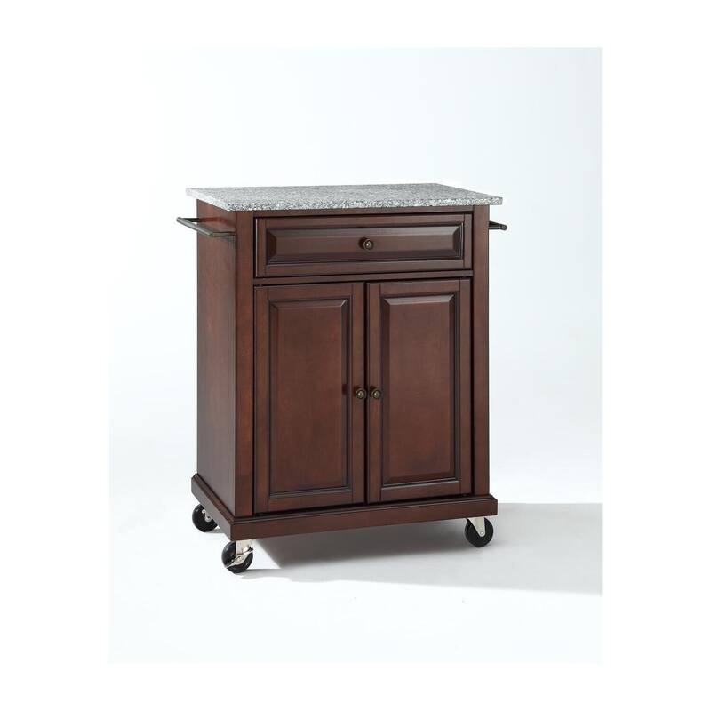 Compact Granite Top Kitchen Cart in White and Gray with Adjustable Storage Cabinet, Drawer, and Rolling Wheels