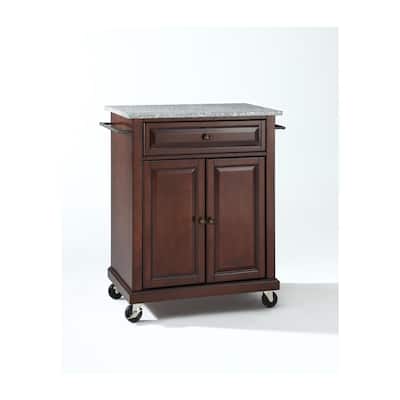 Compact Granite Top Kitchen Cart in White and Gray with Adjustable Storage Cabinet, Drawer, and Rolling Wheels