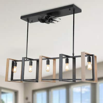 Cusp Barn 47 Inch Modern Ceiling Fan, Rustic Cube Pendant Light with 5 Light, Farmhouse Linear Hanging Lamp for Dining Room