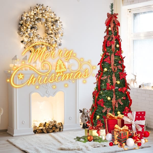 7FT Pre-Lit Pop Up Christmas Tree, Pre-Decorated Artificial Xmas Tree with 200 Warm Lights - Bed Bath & Beyond