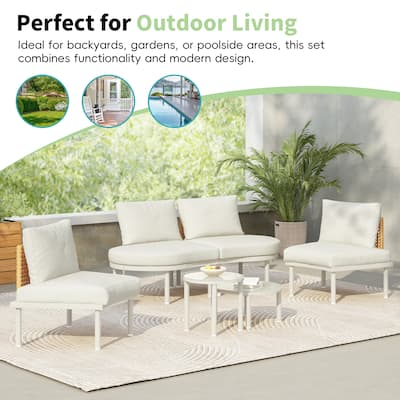 Modular Wicker Outdoor Sofa Set with Coffee Tables and Glass Tables, 6-Piece Half Moon Patio Sectional Sofa