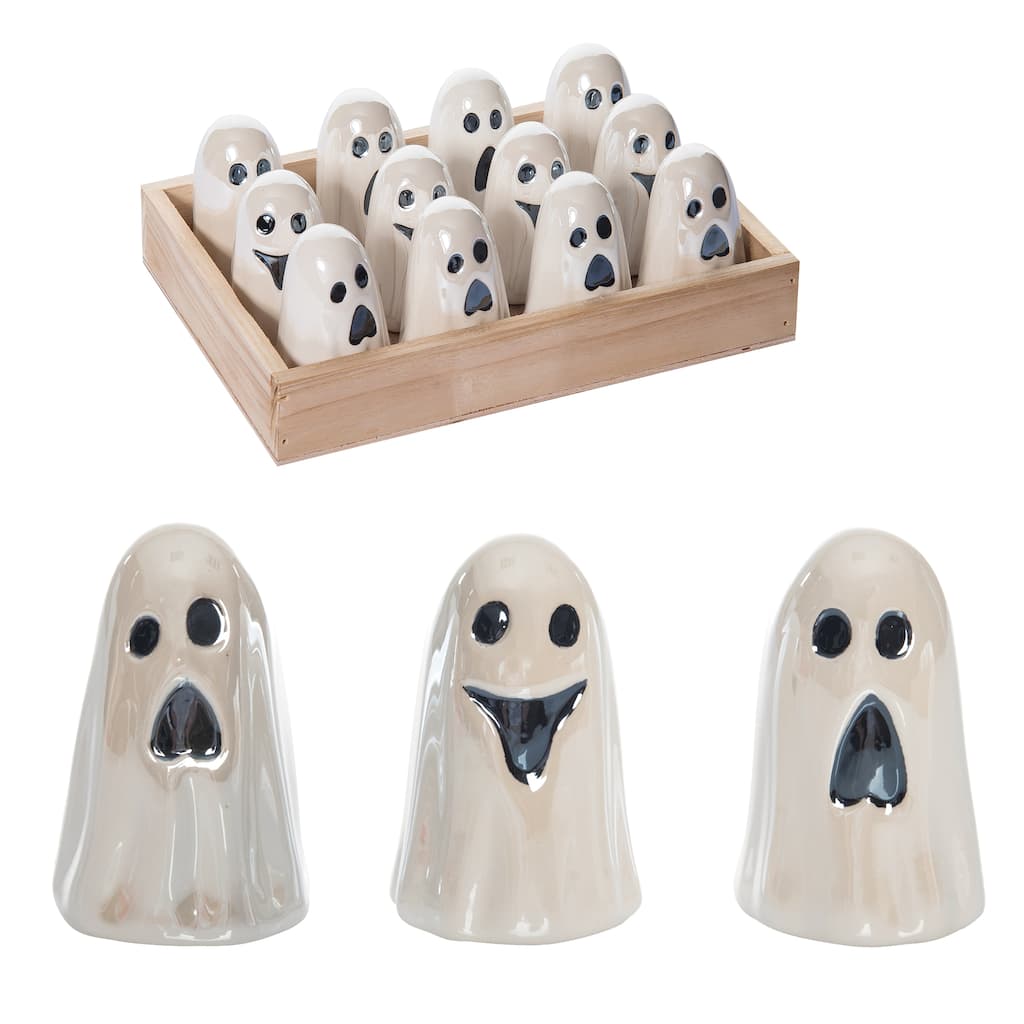 Transpac Dolomite 7.75 in. White Halloween Pearlescent Ghost Figurine In Display Set of 12