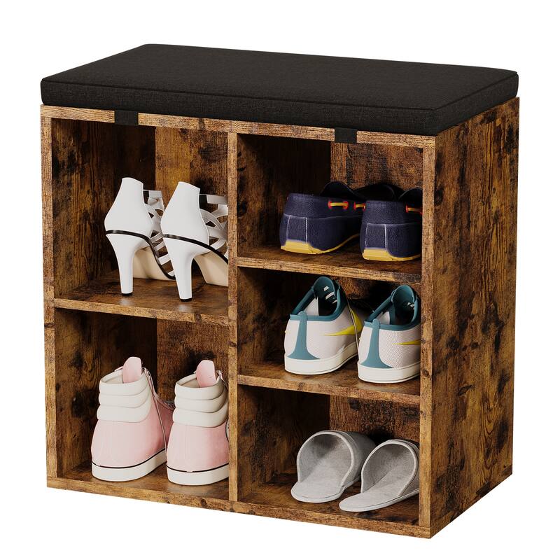 Compact Shoe Bench with Adjustable Heights,Cushioned 3-Tier Shoe Rack Organizer with 5 Compartments - Brown