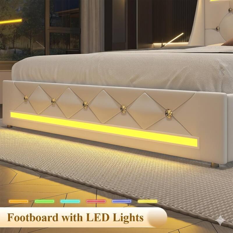 Queen Bed Frame with LED Lights, Upholstered Bed Frame with Charging Station, Platform Bed with Diamond Headboard, Wooden Slats